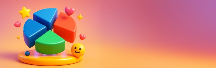 Colorful 3D pie chart with smiley face emoji and heart decorations on bright gradient background with empty copyspace for business banner. Ai generative