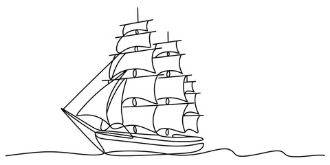 Continuous line drawing of a majestic tall ship, a traditional sailing vessel with full sails set, gracefully cruising across the ocean waves Vector, illustration