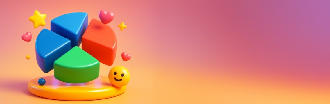 Colorful 3D pie chart with smiley face emoji and heart decorations on bright gradient background with empty copyspace for business banner. Ai generative