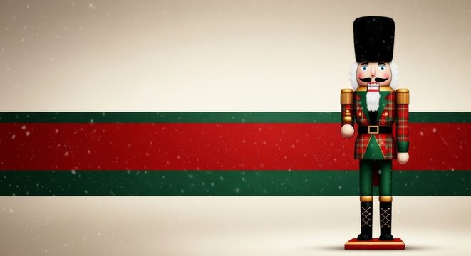 Nussknacker in klassischer Uniform steht im festlichen Rot Gr&uuml;n Rahmen mit sanftem Schneefall und bietet idealen Textfreiraum f&uuml;r Weihnachtskarten Poster und Designs Generative KI