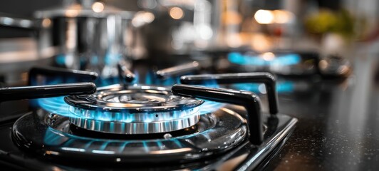 The gas stove burners glowing with blue flame on sleek modern stainless kitchen cooktop