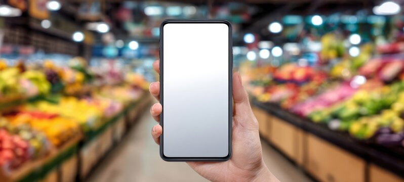 The smartphone with blank screen held in a grocery produce aisle for mockup