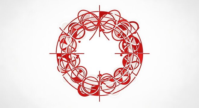 Abstract red wreath design with flowing circular lines in clean minimalist composition