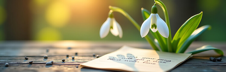 delicate snowdrop blooms amidst gentle scattering handwritten notes weathered wooden background bathed warm sunlight filtering