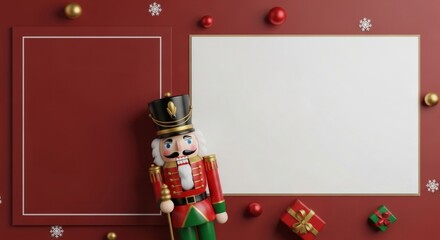 nussknacker zwischen geschenkchen und leerem kartenfeld auf rotem hintergrund wirkt festlich und verspielt Generative KI