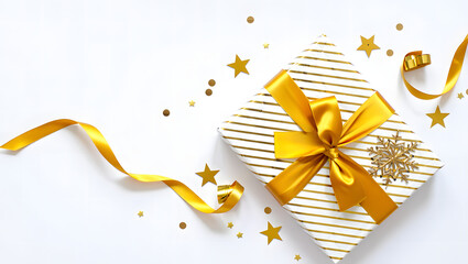 Elegant gift box with golden ribbon and star confetti on white background