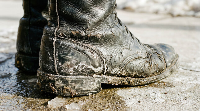 Leather boots damaged by road salt white stains winter shoes chemical corrosion footwear problem cleaning needed dirty texture close up ruining clothes urban walk aftermath nasty chemicals street  - Powered by Adobe
