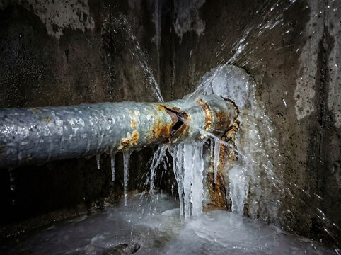 Burst water pipe frozen plumbing winter damage leak flood emergency repair basement house maintenance cold weather disaster metal crack flowing water mess plumber needed construction home problem