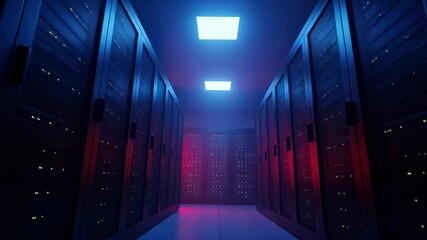 Explore a high-tech server room illuminated by vibrant blue and red lights in a futuristic setting