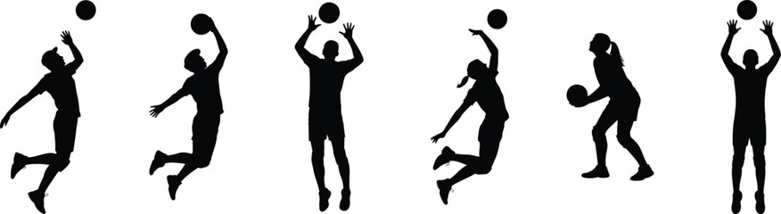 Obraz premium Volleyball players energetic silhouettes ready to spike, jump, and serve for team sports designs. Vector illustration.