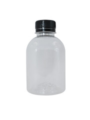 Clear Plastic Beverage Bottle with Black Screw Cap. Empty container isolated for drink mock-up design.Small PET Plastic Bottle with a Black Ribbed Lid. Transparent packaging isolated on white backgrou