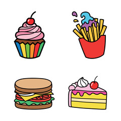 A vibrant and playful collection of hand drawn fast food and sweet dessert icons featuring a cupcake, bizarre fries, hamburger, and slice of cake