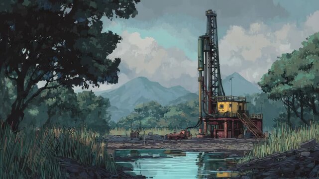 Pixel Art Landscape of an Oil Rig in a Lush Green Environment with Water Reflections Beneath a Cloudy Sky Digital Illustration and Mountain Background View
