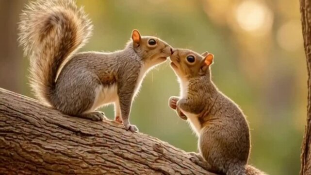 Two squirrels playfully interacting on a sturdy tree branch bathed in morning sunlight sky