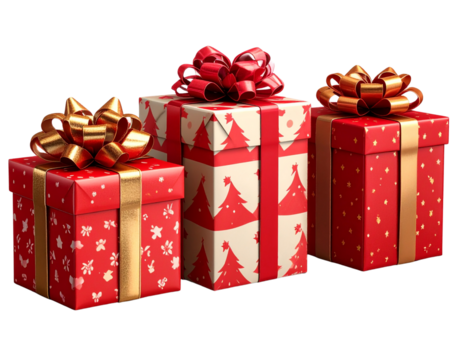  - 3D Christmas Gift Boxes in a Neat Row with Festive Ribbons, Isolated on Transparent Background  - Powered by Adobe