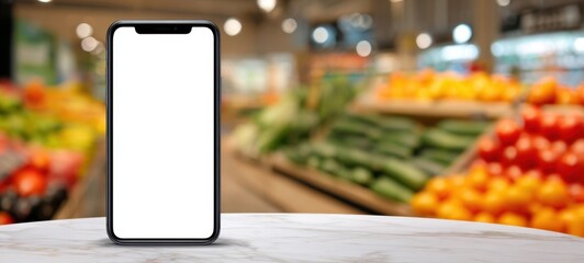 The smartphone on marble counter with blank screen in supermarket produce aisle