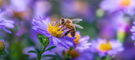 The Honeybee on a Purple Aster Flower Collecting Nectar in a Sunny Garden
