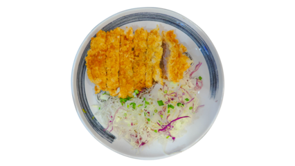 Tonkatsu (Japanese Fried Pork Cutlet) served with shredded cabbage salad. Isolated on white background.