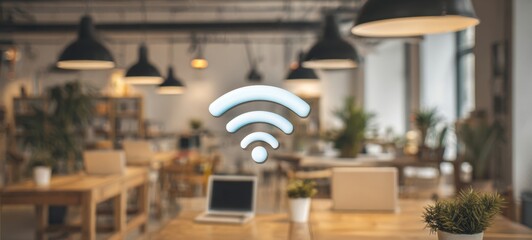 The Wi-Fi icon glowing over modern coworking office with blurred background