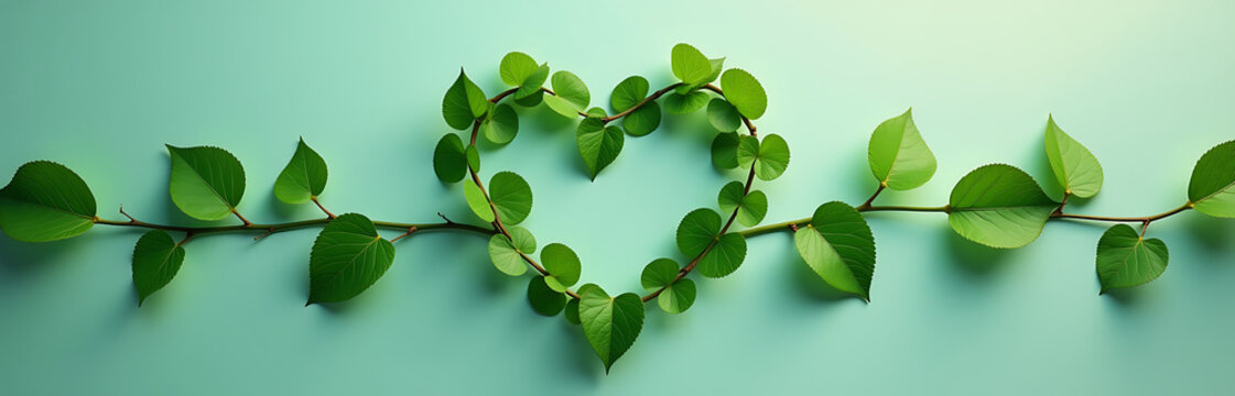 delicate heart shape crafted lush green vine leaves sprawls across serene unblemished flat lay background set