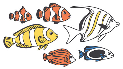 Naklejka premium Vibrant Exotic Tropical Fish Illustration Set Featuring Multiple Colorful Marine Species in Bright Underwater Ocean Scene for Wildlife Nature Artwork Educational Graphics and Creative Design Projects 