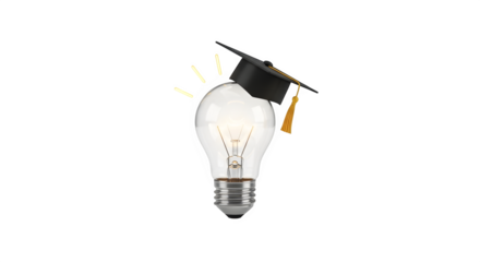 Illuminated lightbulb wearing graduation cap symbolizing education and innovation isolated on transparent background