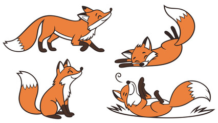 Playful Cartoon Fox Character Illustration Set Showing Cute Animal Poses for Children&rsquo;s Nature Creative Artwork Series
