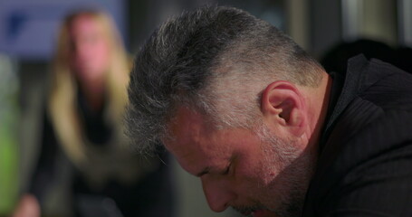 Fototapeta premium Female boss snapping man out of deep thought with loud reprimand during tense office meeting, assertive leadership and sudden confrontation in corporate environment