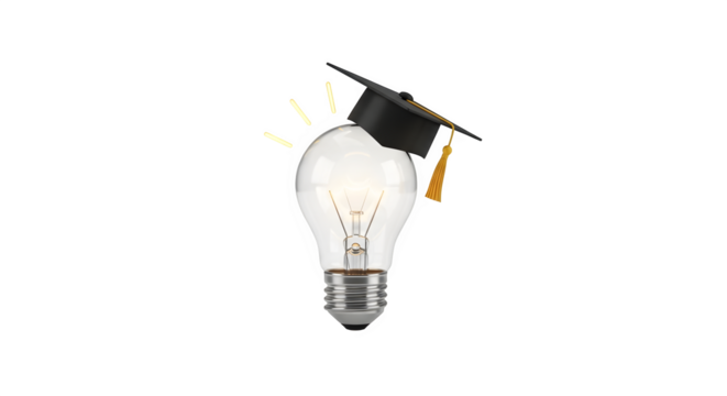 Illuminated lightbulb wearing graduation cap symbolizing education and innovation isolated on transparent background