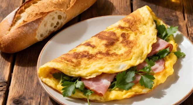 Ham and egg omelet with herbs and rustic baquette