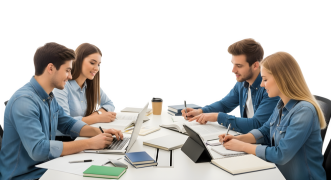 Group of students working together at a table isolated on transparent background