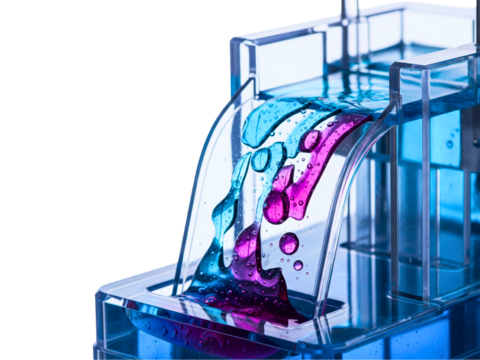 Liquid motion timer with blue and purple oil droplets flowing down on a transparent background