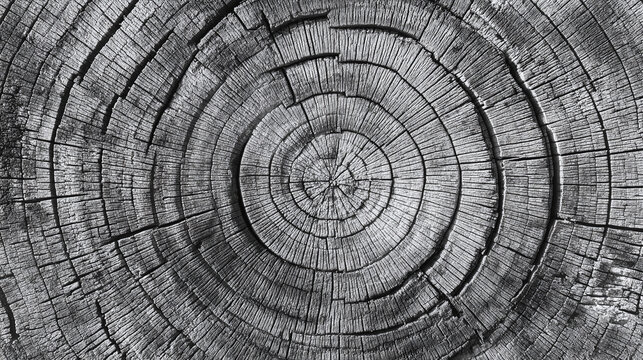 A detailed view of a tree stump, showing the intricate pattern of growth rings. The rings tell the story of the tree's life, each one representing a year of growth. The wood's texture is rough.