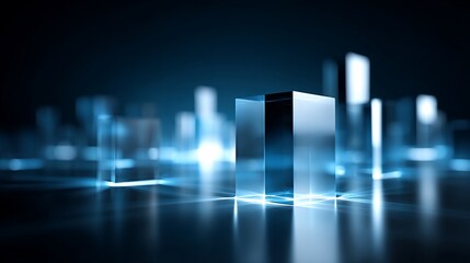 Illuminated translucent building blocks create a futuristic cityscape with soft blue light