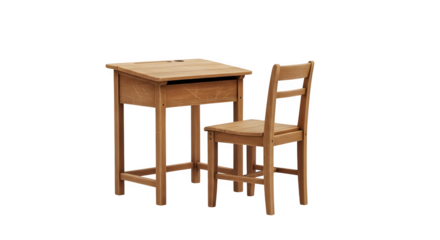 Vintage wooden school desk and chair set isolated on transparent background
