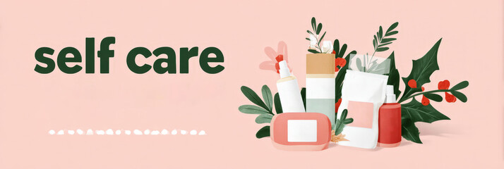Self care banner with skincare products and nature-inspired decor