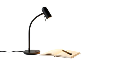 Desk lamp illuminating open notebook with pen isolated on transparent background
