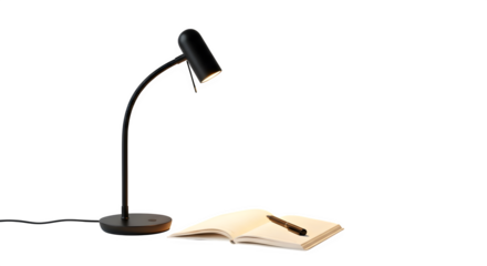 Desk lamp illuminating open notebook with pen isolated on transparent background
