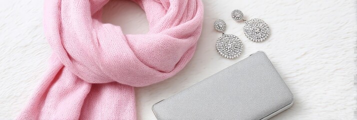 Elegant pink scarf with silver accessories on soft white background