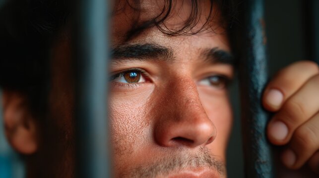 Man gripping prison bars intensely, shadowy background highlights emotion