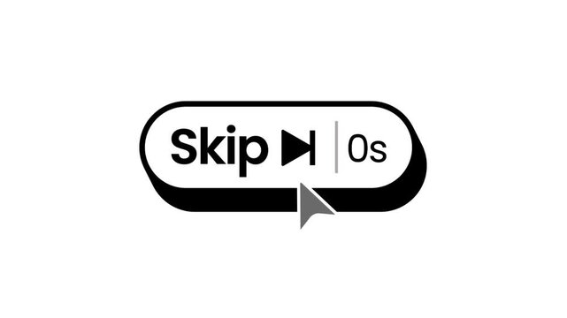 Skip Ad Countdown Button Animation with Cursor Click on white background  3d Skip Ad button with 5 second Timer UI Button Interaction for Video Editors