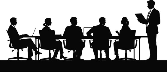 Fototapeta premium Business meeting active professional team silhouettes for corporate project presentations. Vector illustration.