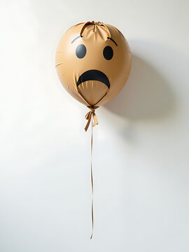 crumpled paper bag balloon floats listlessly pure white backdrop twisted knot tied beneath forlorn sad face emoji cast