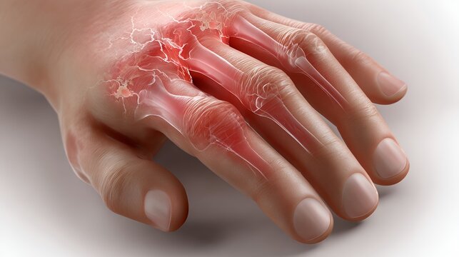 Swollen joints and deformities shown in rheumatoid arthritis hand graphic