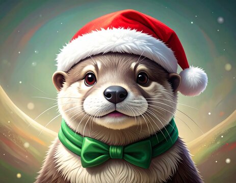 cute otter wearing a Santa hat.