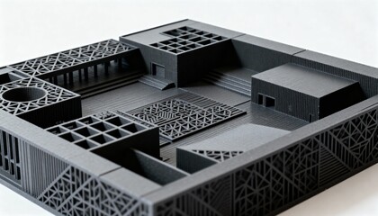 Obraz premium Medium shot of a detailed 3D printed architectural model showcasing intricate design elements for precise prototyping and presentation purposes.