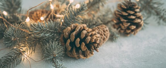 The Pinecones and Evergreen Branches with Twinkling Lights on Frosted Winter Tabletop