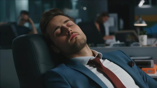 A young man dressed in a suit and tie is seen taking a nap at his desk in an office environment.