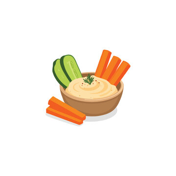 Appetizing hummus dip with fresh cucumber and carrot sticks healthy snack invitation minimalist