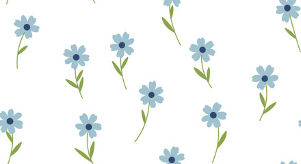 A charming seamless pattern of delicate light blue flowers with green stems and dark centers scattered over a pristine white background.